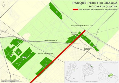 Mapa del Parque Pereyra Iraola con sector de Autopista Pte. Perón indicado